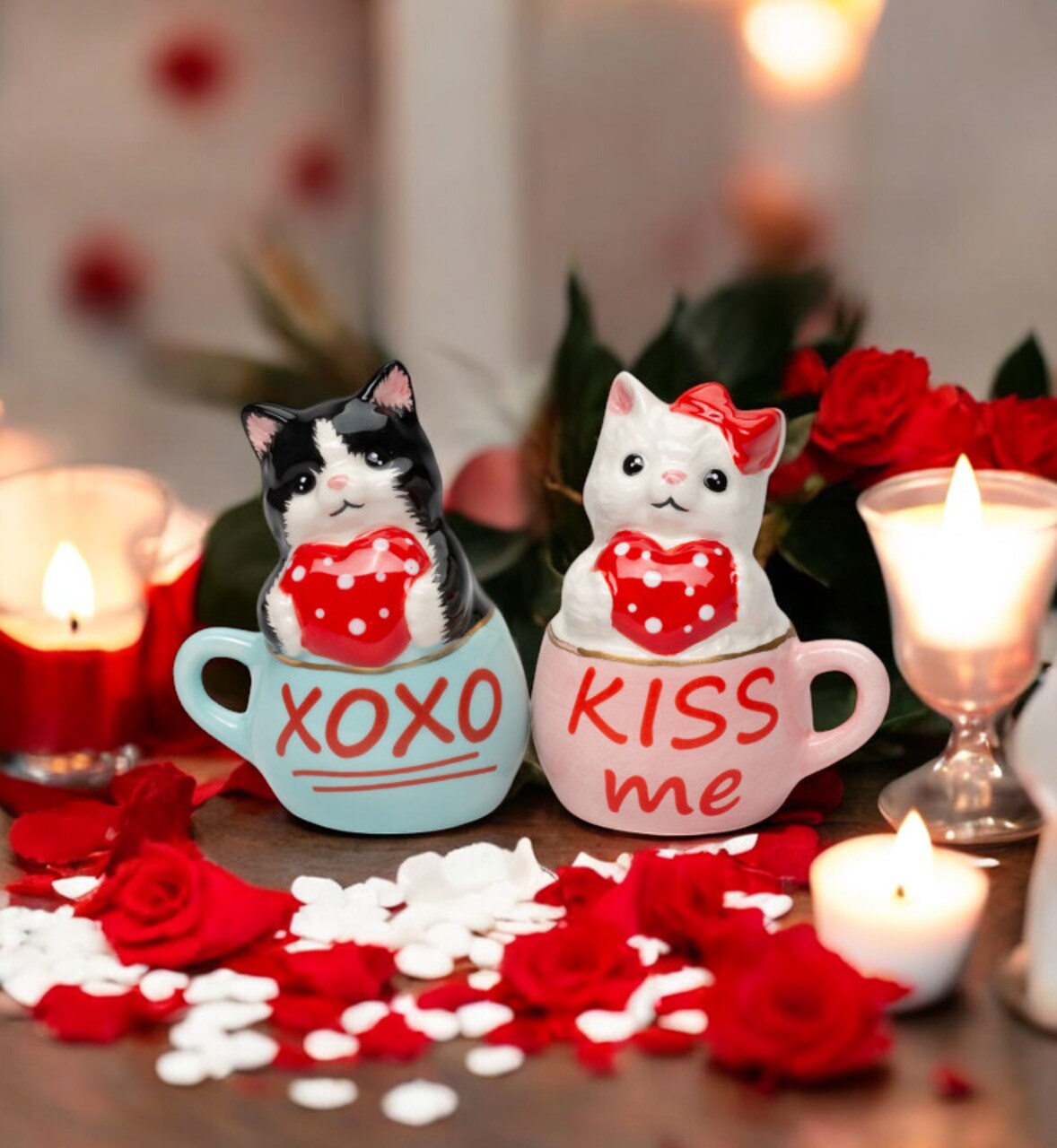 Ceramic Valentine Teacup Cat Salt and Pepper Shakers, Cat Lovers' Gift, Galentine's Day Gift, Valentine's Day Decor